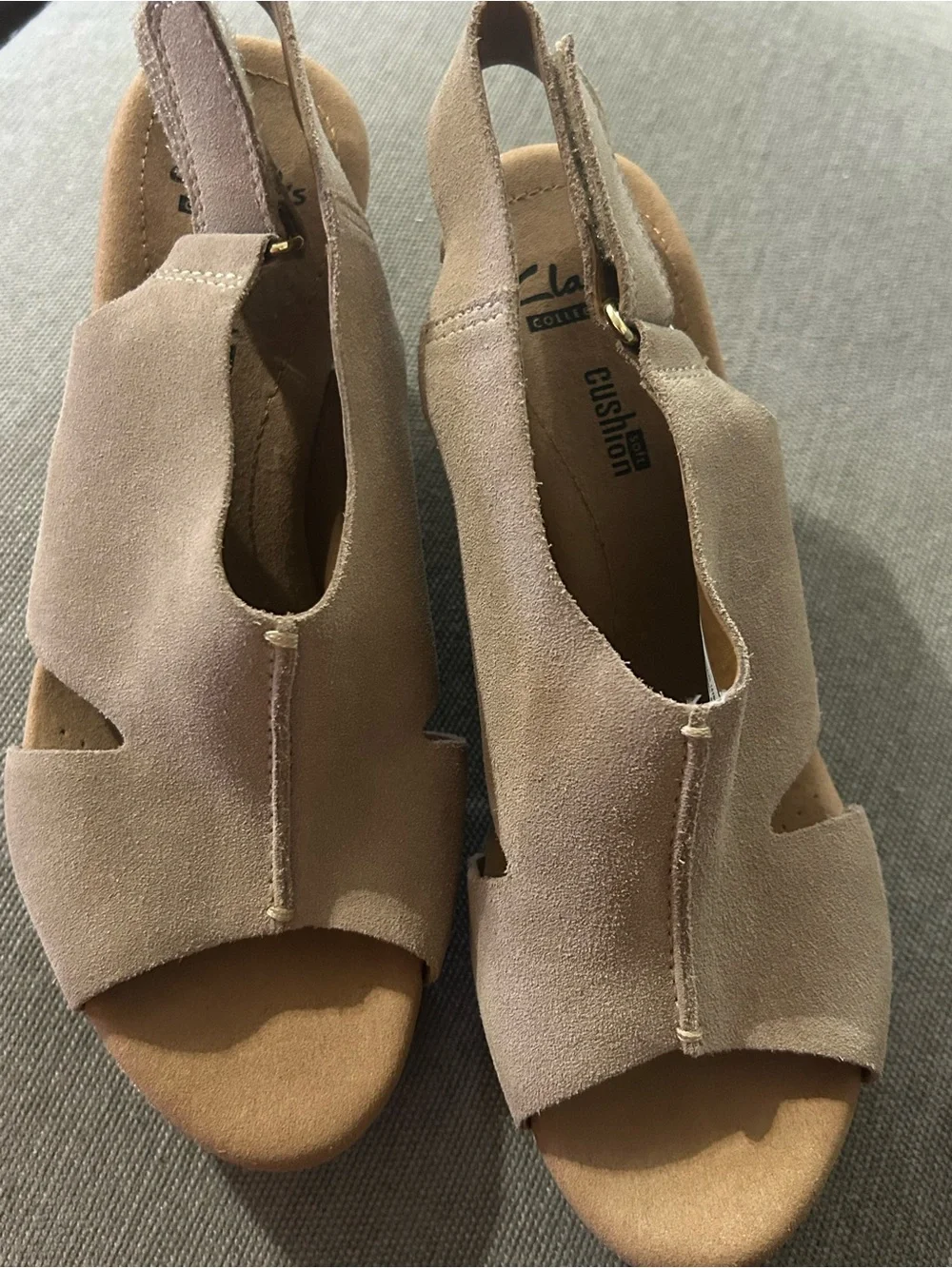 Clarks Light Beige Suede Open-Toe Slingback Wedge Sandals